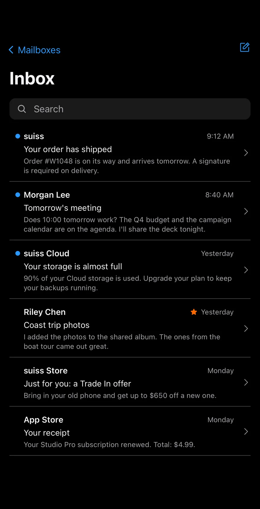 Inbox Mail on iOS in dark mode