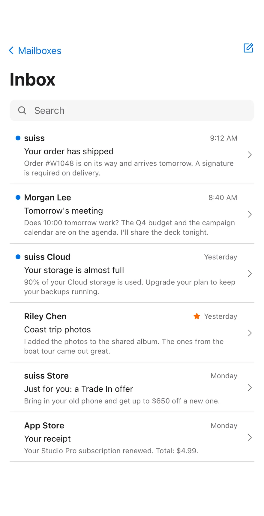 Inbox Mail on iOS in light mode