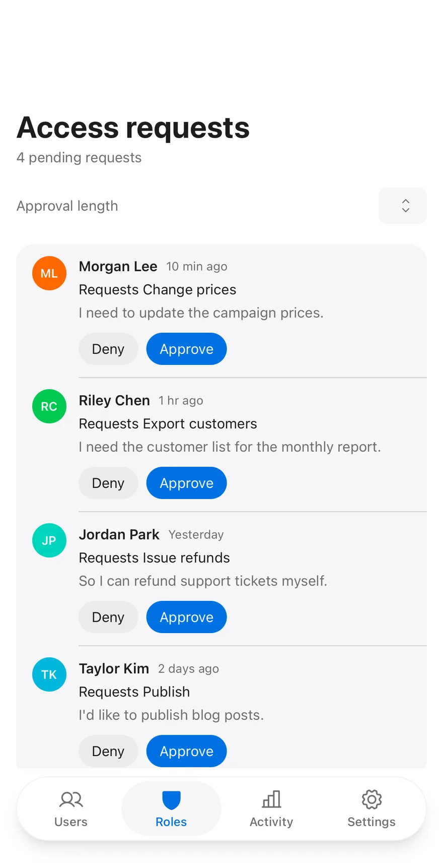 Roles Requests on iOS in light mode