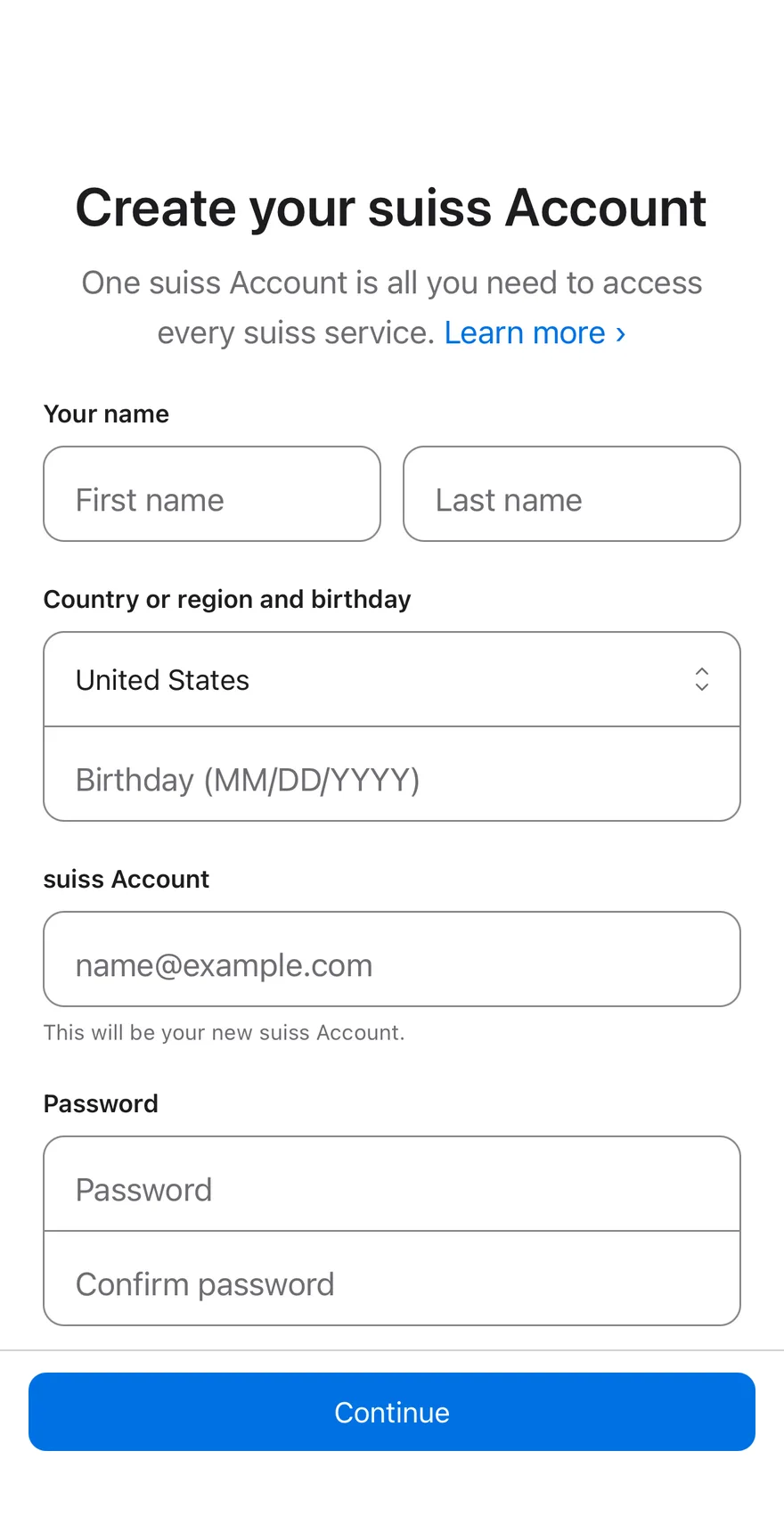 Signup Form on iOS in light mode