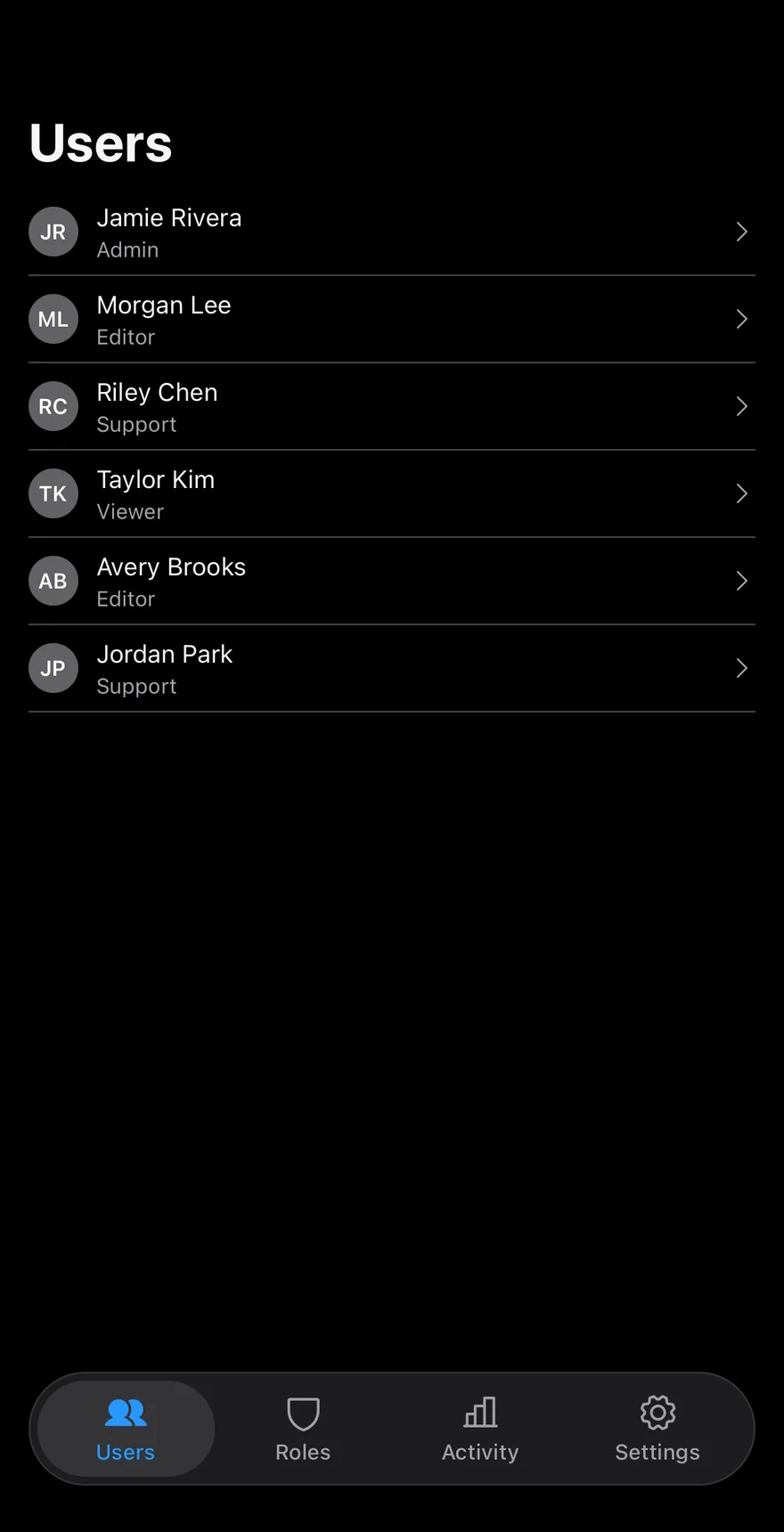 Users Detail on iOS in dark mode
