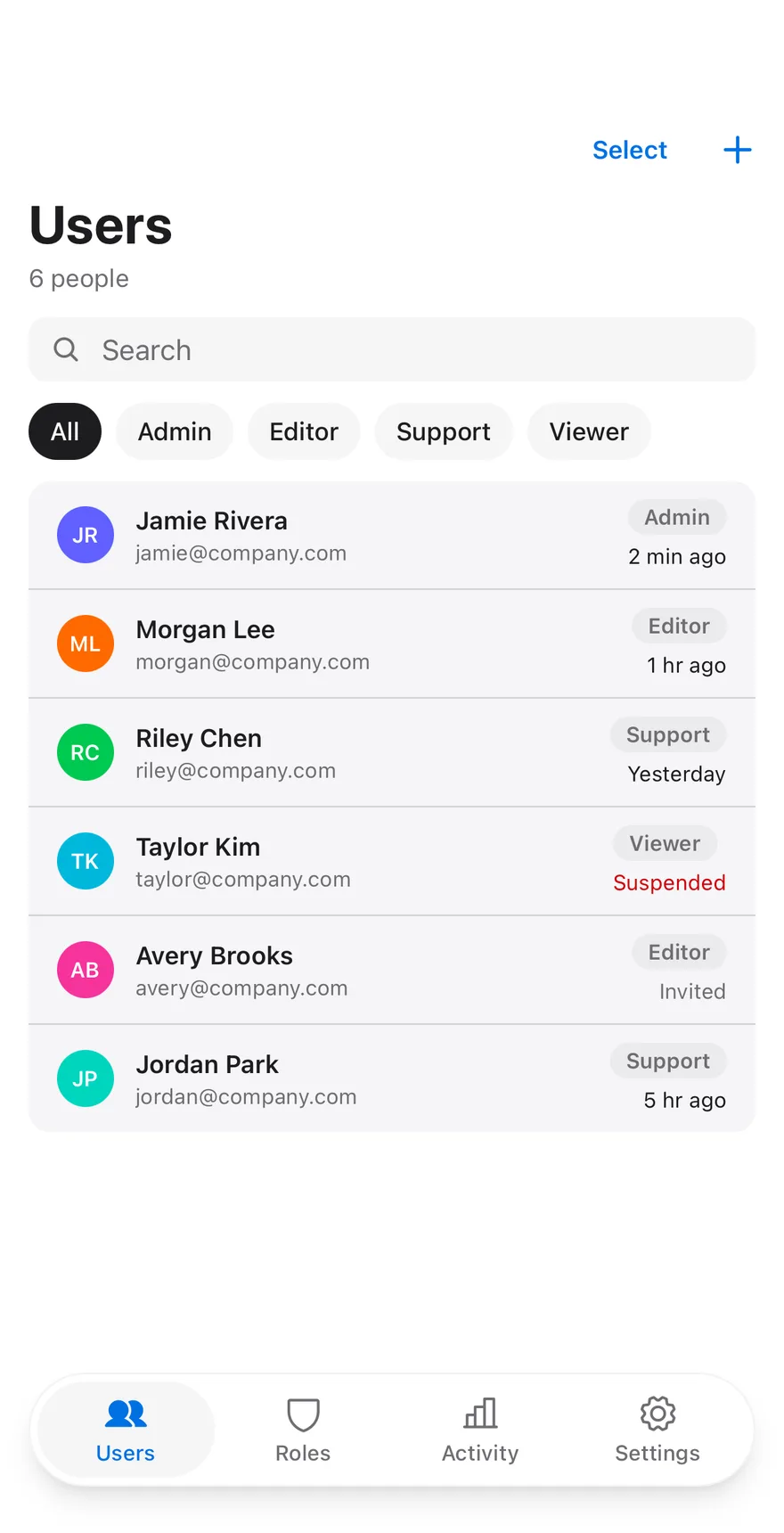 Users Table on iOS in light mode