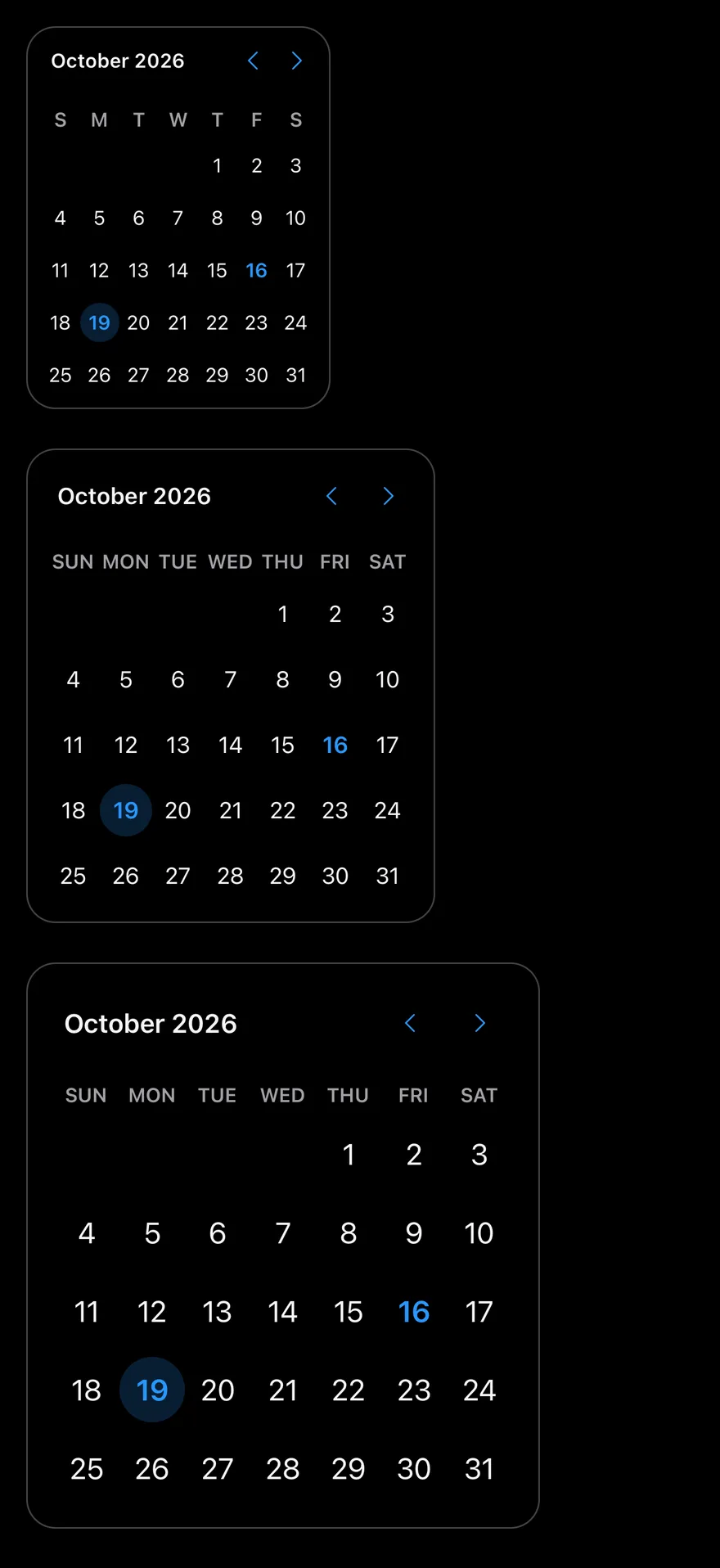 Calendar (sizes) on iOS in dark mode