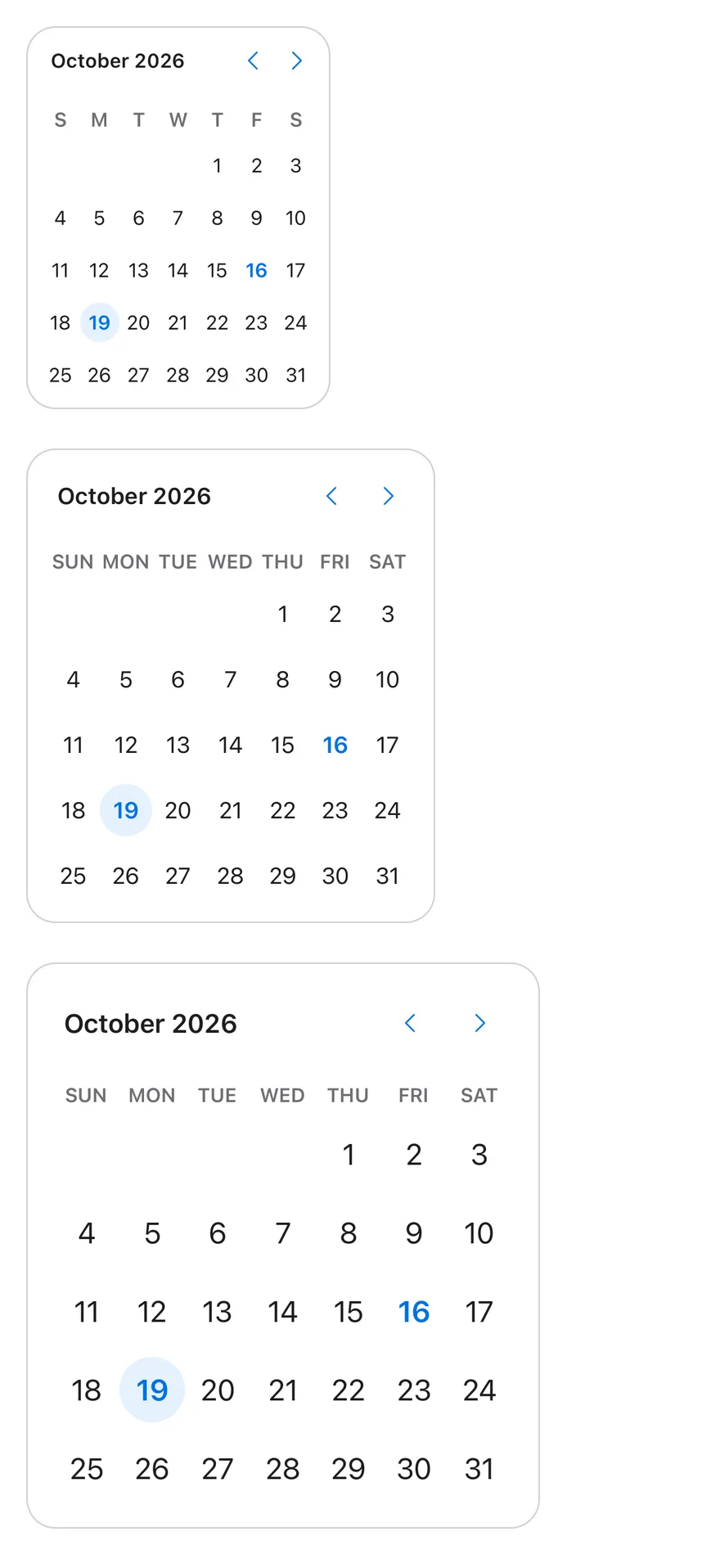 Calendar (sizes) on iOS in light mode