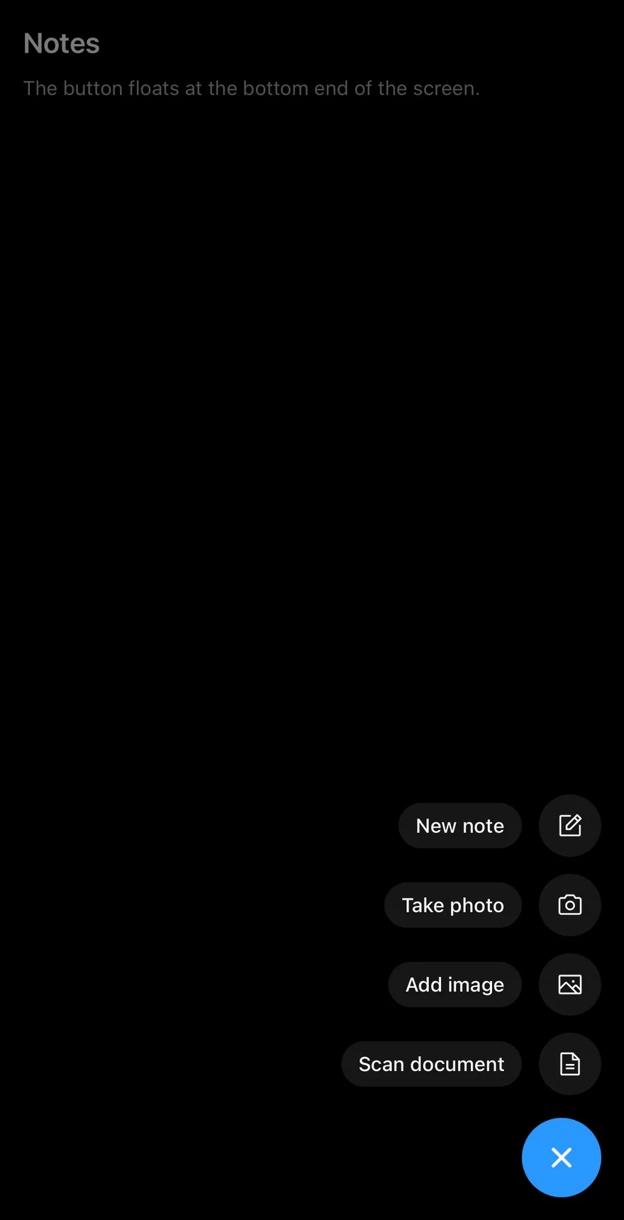 Fab (speed dial open) on iOS in dark mode