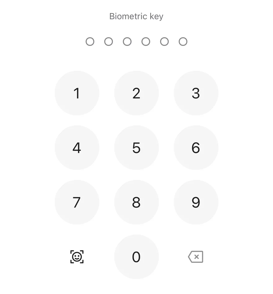 Pin Pad (face biometric) on iOS in light mode