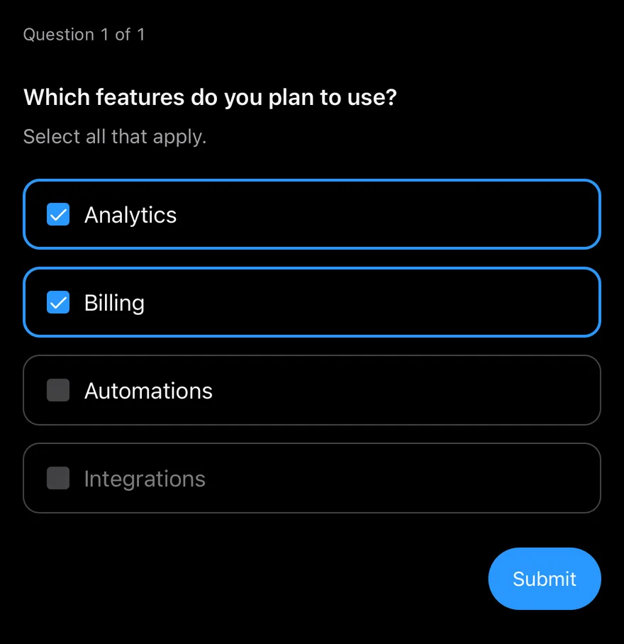 Questionnaire (multiple choice) on iOS in dark mode