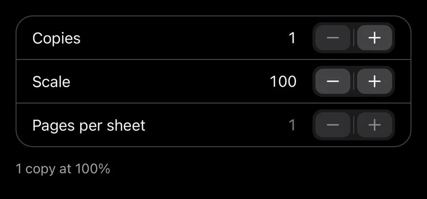 Stepper (print) on iOS in dark mode