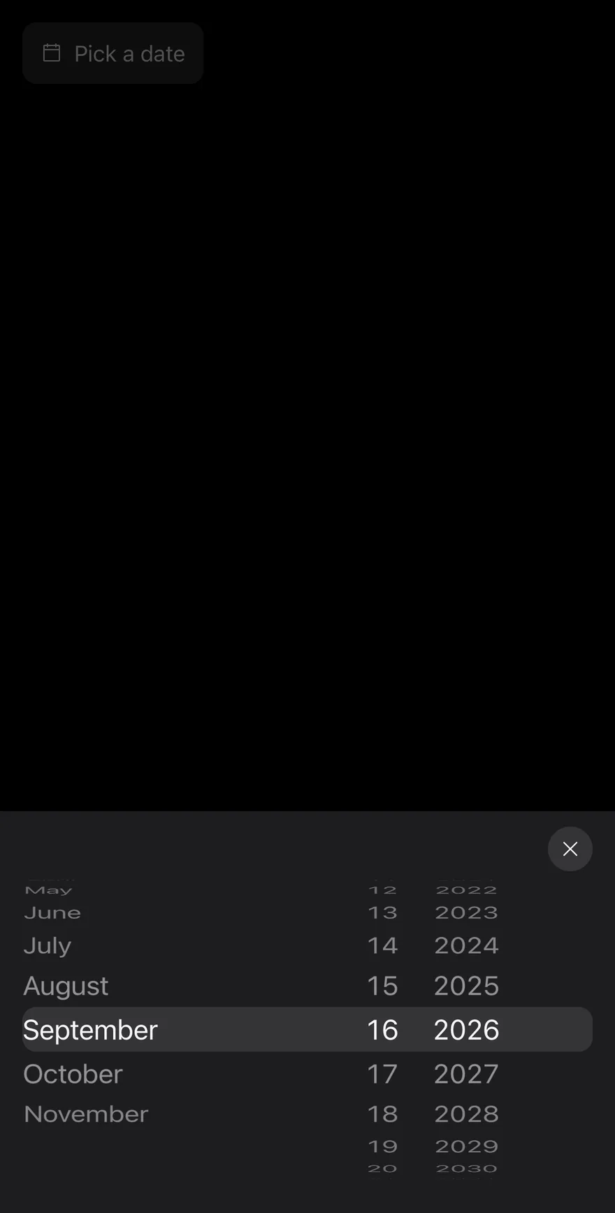 Date Picker (with close button) on iOS in dark mode
